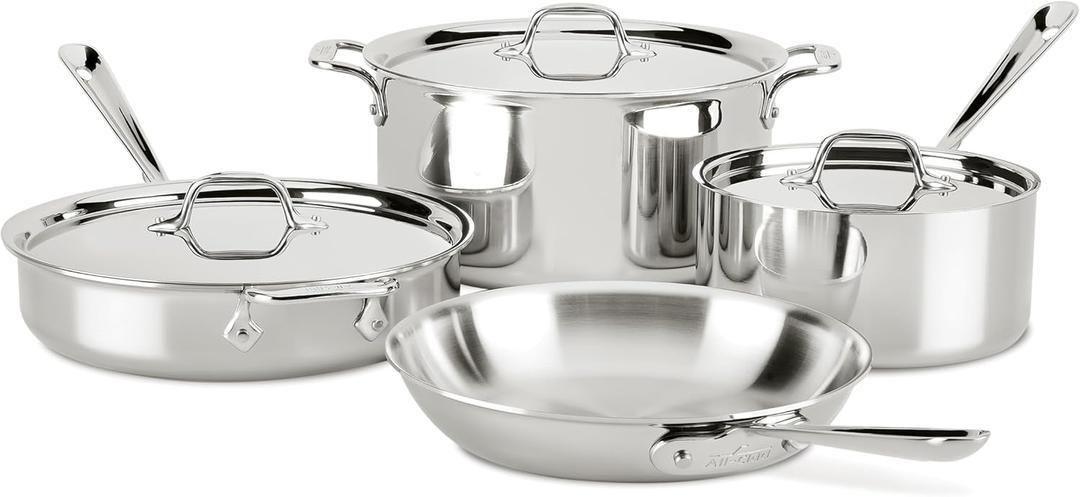 All-Clad D3 3-Ply Stainless Steel Cookware Set  7-Piece Pots and Pans Set, Induction, Oven Broiler Safe 600F - Includes Frying Pans, Saucepans, Saut Pan, Stockpot, Professional Cookware  Silver