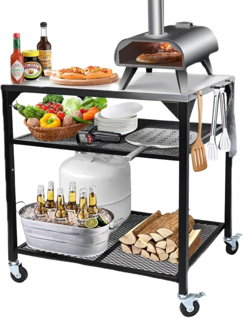 Pizza Oven Table for Ninja Woodfire, Blackstone, Cuisinart, 32x24 Inch Stainless Steel Outdoor Grill Prep Cart with Hooks, Portable Food Station (35.6 in.)