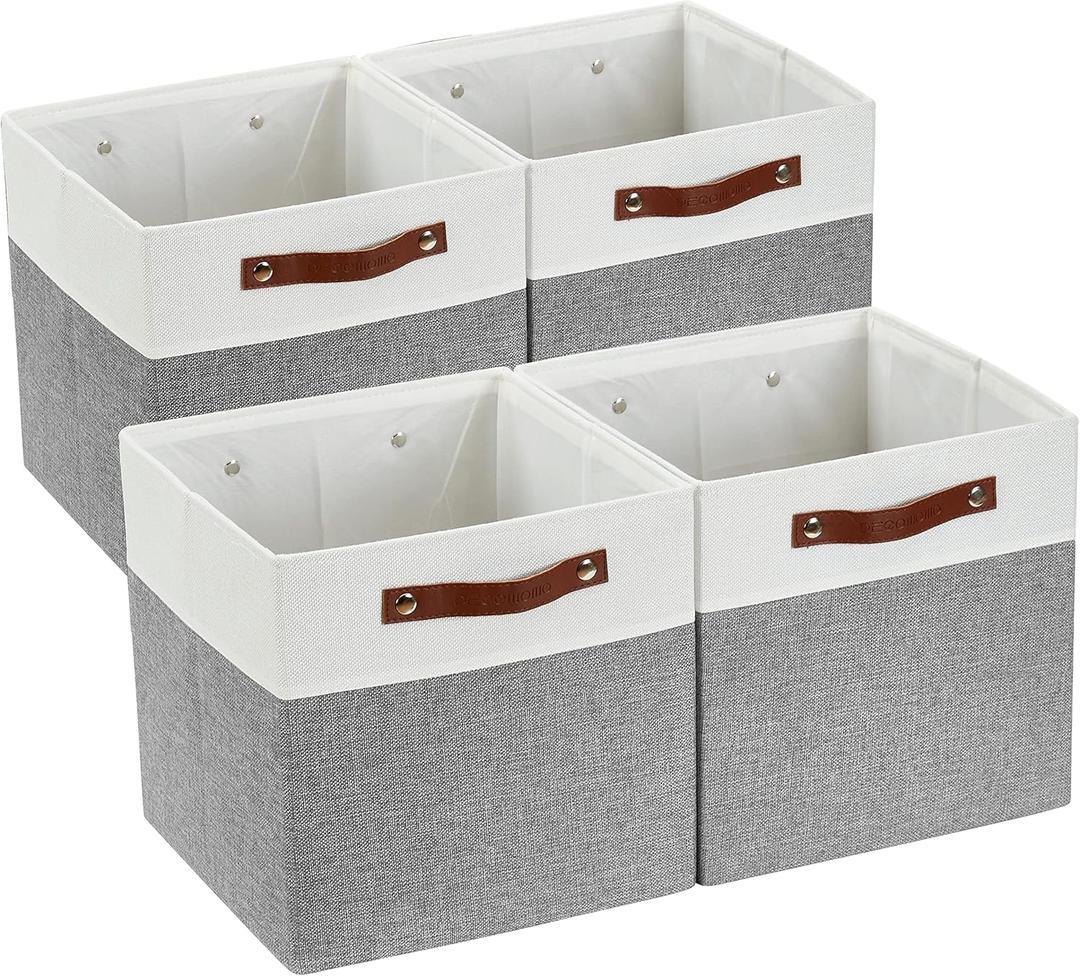 DECOMOMO Fabric Cube Storage Bins - Storage Baskets for Shelves, Cube Storage Organizer for Kallax and Cubbies (Grey & White, 11 inch Cube) - 4 Pack