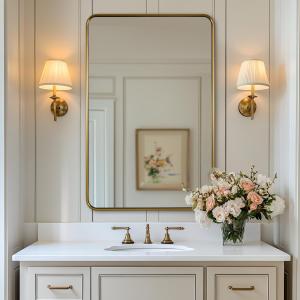 ANDY STAR Gold Bathroom Wall Mirror, 24x36 Inch Rectangle Mirror for Bathroom with Rounded Corner, Brushed Brass Rectangular Vanity Mirror with Anti-Rust Tube Metal Frame, Contemporary, Wall Mount