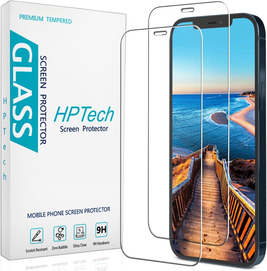 HPTech (2 Pack) Designed for iPhone 12 / iPhone 12 Pro 6.1-inch Tempered Glass Screen Protector, Anti-Scratch, Bubble Free (Clear)
