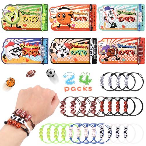 CCINEE 24 Pack Sports Valentines Day Gifts Cards with Bracelets for Classroom Prizes School Rewards Exchange Gifts Valentines Party Favors