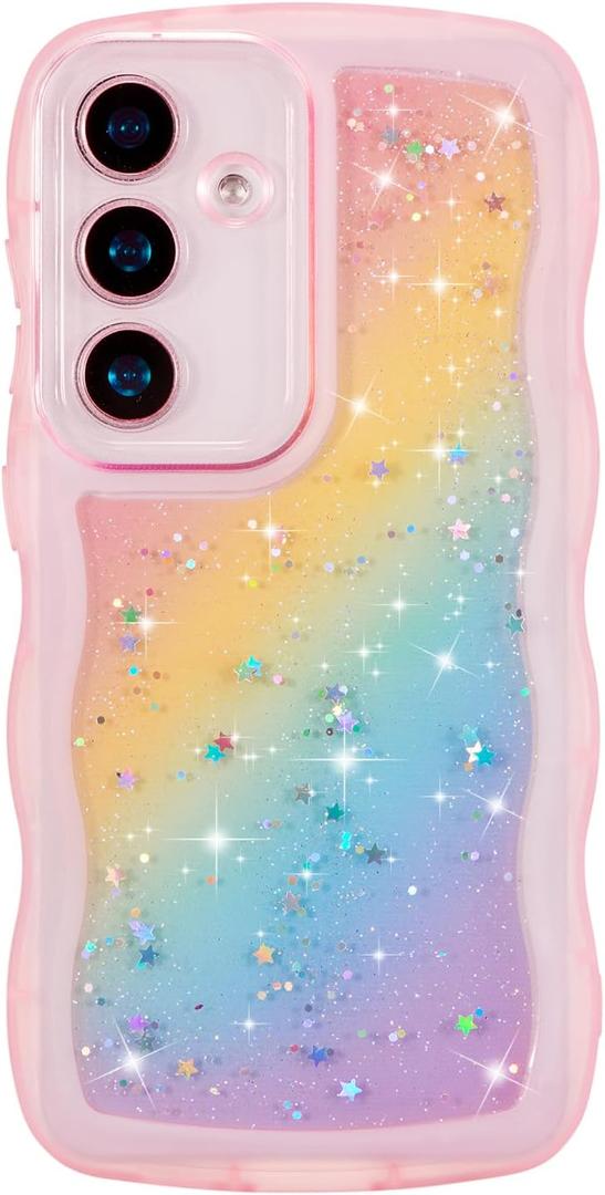 ZTOFERA for Samsung Galaxy A16 4G/5G Case 6.7",Cute Curly Wave Case with Glitter Rainbow Star,Clear Shiny Bling Soft TPU Shockproof Phone Protective Cover for Galaxy A16-Rainbow Pink