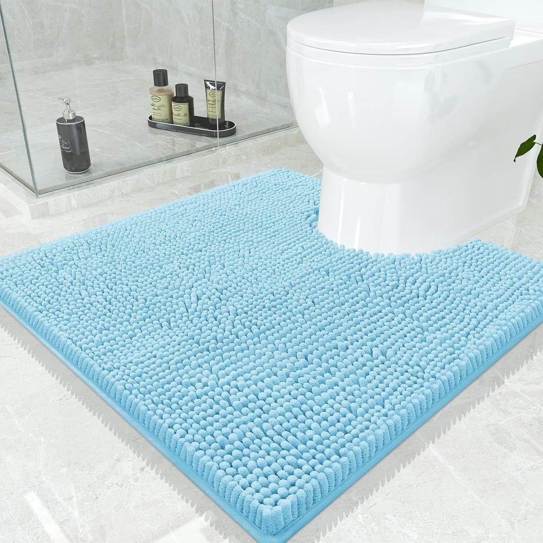 Smiry Luxury Chenille Toilet Rugs U-Shaped 24x24, Soft Absorbent Non-Slip Contour Bathroom Rugs for Toilet, Machine Washable Contoured Bath Mats, Sky Blue