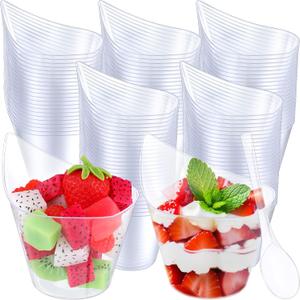 100 Pack Clear Plastic Dessert Cups with Tasting Spoons, Appetizer Cups Yogurt Parfait Bowls with Spoons for Party Supplies Catering Chocolate Desserts Buffet Food Display (7 oz)