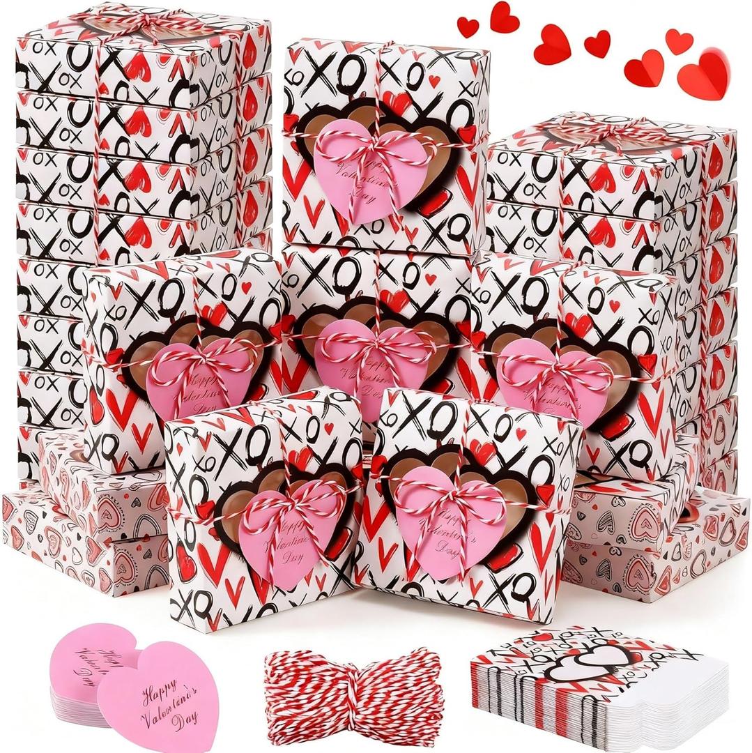 Tioncy 48 Pcs Valentines Cookie Boxes with Window Small Pink Bakery Boxes 4.3x4.3x1.2 Inch Dessert Containers with Heart Cards and Rope for Candy Muffin Homemade Soap Valentine Party Gift(Novelty)