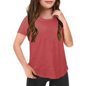 Haloumoning Girls Summer T Shirts Loose Curved Hem Short Sleeve Shirt Athletic Casual Tops Tees 4-14 Years (Red)