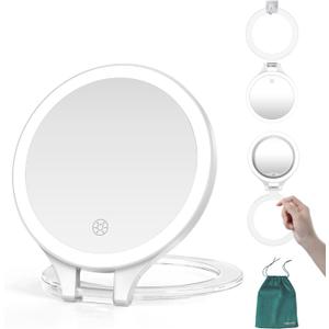 Mocado Travel Makeup Mirror with Light, 1X/20X Magnifying, Double Sided, 3 Color Light, Dimmable Touch, Rechargeable, Tabletop Standing, White
