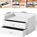 Bamboo Desk Organizer with Drawers Wooden Desktop Storage Organization Box for Bills Office Supplies Kitchen Utensils Organizing Tool for Home Classroom Vanity, No Assembly Required (2 Drawers, White)