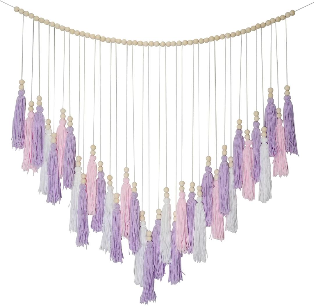 Pink & Purple Macrame Hanging Boho Wall dcor, Purple Wall Decor for Bedroom Living Room Girls Room Nursery Large Tassel Hanging with Wood Beads 41" W x 32" H