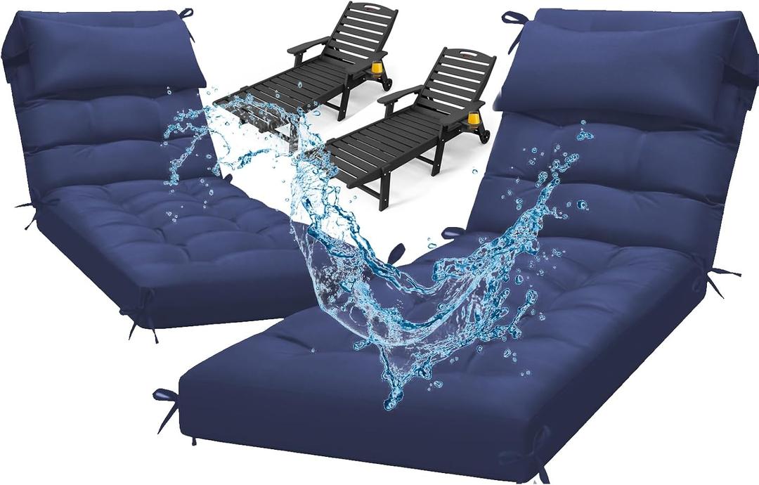 Waterproof Lounge Chair Cushion Set of 2, Outdoor Fade Resistant Chaise Lounger Replacement Cushions with 6 Ties, Thickened Memory Foam Pool Lounge Chair Cushions, 76 x 22 x 4.7 Inches, Blue