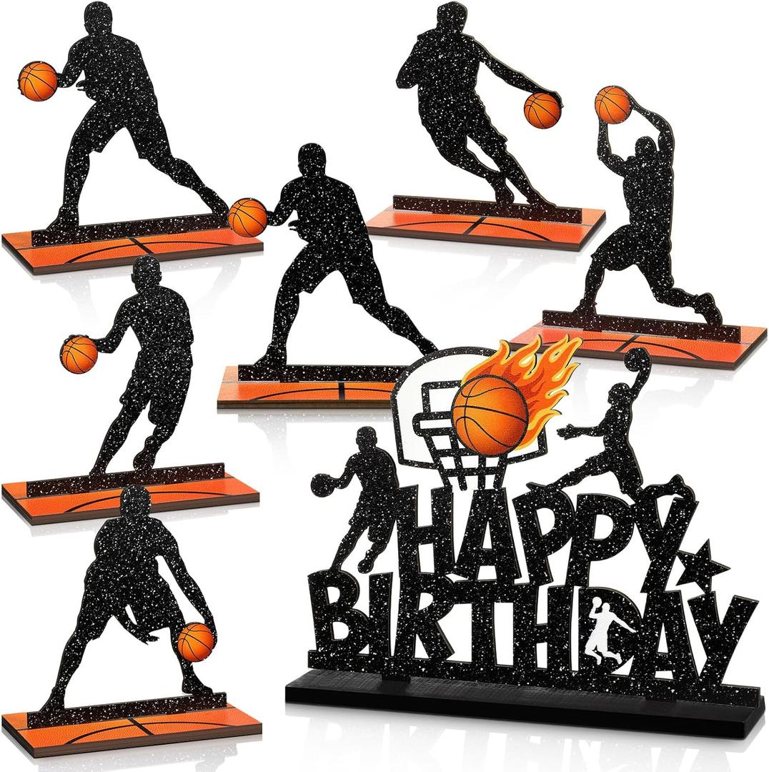 Blosssound 7 Pcs Basketball Party Table Decoration Wooden Sport Table Centerpieces Basketball Birthday Wooden Centerpieces Signs Sport Player Silhouette Birthday Party Supplies