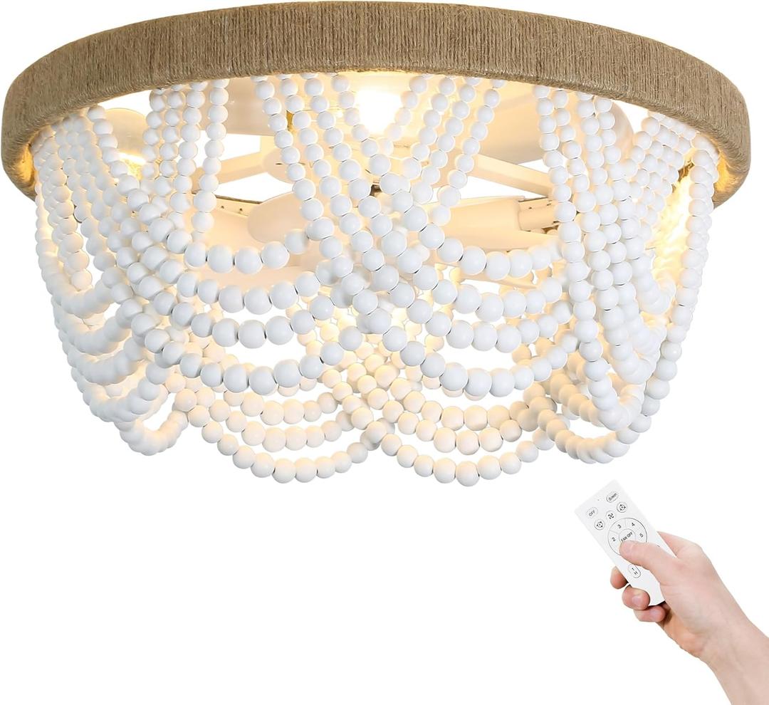 Boho Ceiling Fan with Light and Remote, 20 Wood Beads Flush Mount Ceiling Fans with 6 Speeds, Bohemian Caged Fandelier Chandelier Fan for Nursery Bedroom Living Room