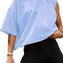 Women's Oversize Workout Crop Tops Casual Short Sleeve Drop Shoulder Boxy T-Shirts Roll Hem Basic Loose Yoga Running Tees (Medium, Baby Blue)
