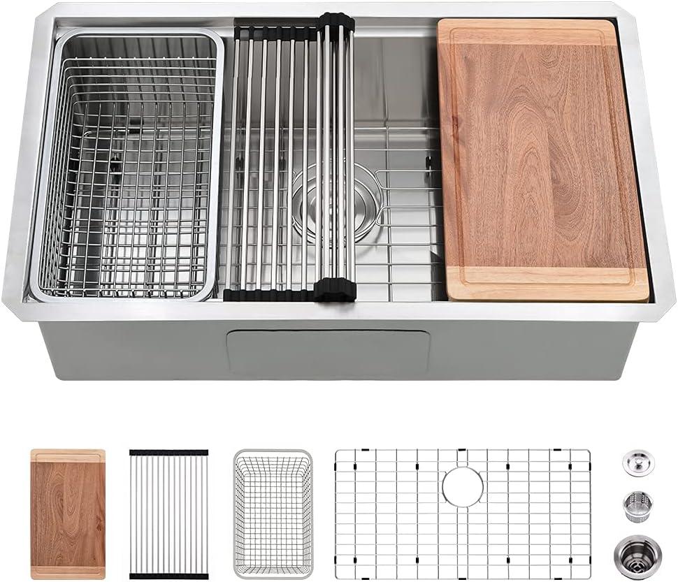 27 Inch Undermount Kitchen Sink Workstation-VASOYO 27x19 Inch Stainless Steel Undermount Kitchen Sink Workstation 16 Gauge Deep Single Bowl Kitchen Sink with Cutting Board (27"x19"x10", Stainless Steel-Workstation)