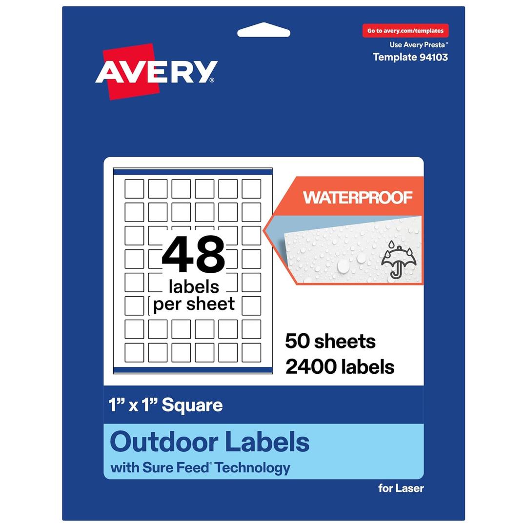 Avery Outdoor Waterproof Square Labels with Sure Feed Technology, 1" x 1", White Film, Print-to-The-Edge, Compatible with Laser Printers, 2400 Labels Total