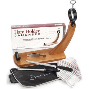 Ham Stand Spain with Knife and Sharpening Steel + Ham Cover + Kitchen Cloth + Tongs - Orginal Ham Holder for Spanish Hams and Italian Prosciutto