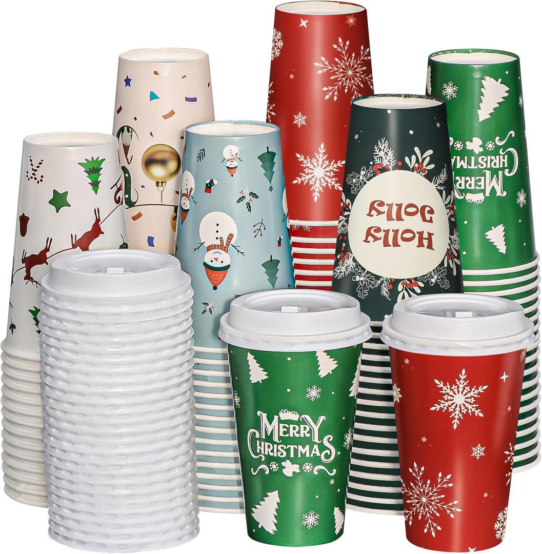 Christmas Cups, 60 Pack 16 Oz Christmas Disposable Coffee Cups with Lids, To Go Coffee Cups, 6 Designs Coffee Drinking Paper Cups for Hot Chocolate, Hot Cocoa, Xmas Dinner Party