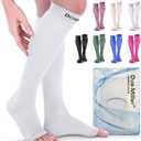 Doc Miller Open Toe Compression Socks, 20-30 mmHg, Toeless Compression Sleeves for Legs, Knee High Stockings for Shin Splints, Varicose Veins, Travel, Calf Support & Muscle Recovery, Men & Women, Pair (Large Tall, White)