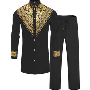 Mens African 2 Piece Set Metallic Traditional Suit Gold Stamp Printed African Dashiki Shirt and Pants Outfit (Large, Black)