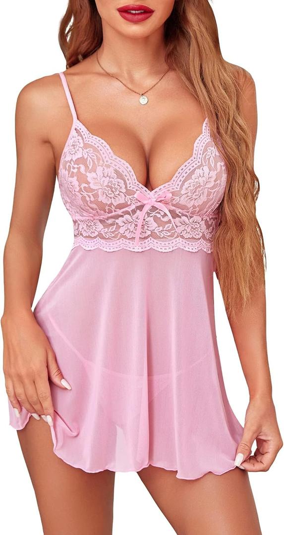 Avidlove Women Lingerie Lace Babydoll Strap Chemise Halter Teddy V Neck Sleepwear (Small, Pink)