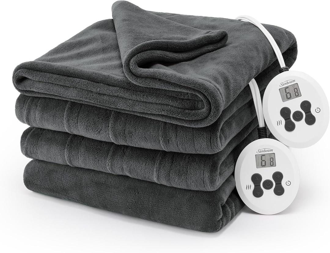 Sunbeam Electric Royal Luxe Microplush Heated Blanket 12 Heat Settings, 12-Hour Selectable Auto Shut-Off, Fast Heating, Warm and Cozy, Jet Grey Color, Queen, 90" x 84"