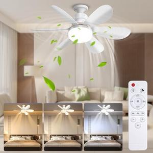 QIHANS 2 in 1 Socket Ceiling Fan with Light, 20.5 inch Screw in Small Ceiling Fans, E26/E27 Base Dimmable Light Socket Fan, 3000-6500K LED Light Bulb with Remote for Bedroom Kitchen Garage
