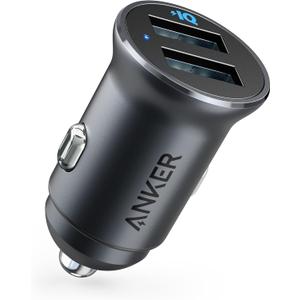 Anker 320 Car Charger (24W II), Mini Aluminum Alloy Dual USB with Blue LED for iPhone16 15 14 13 12 Series, iPad Pro/Air 2/Mini, Galaxy and More - Not Compatible with Quick Charge (Black)