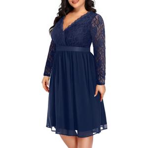  !Women Plus Size Wedding Guest Dresses Cocktail Black Wrap Lace Fall Formal Long Sleeve Knee Length Evening Party Dress, Size 16W