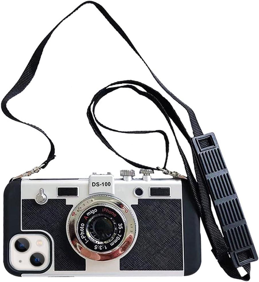Yatchen Camera Case Compatible with iPhone 13, Cute 3D Vintage Camera with Lanyard Adjustable Shoulder Strap Girls Women Unique Cool Silicone PC Cover Black