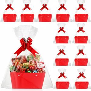 Colarr Pack of 12 Baskets for Gifts Empty Bulk Kraft Empty Gift Basket Kit with Handle Wrap Bag Bow DIY Tray to Fill for Thanksgiving Wedding Bridal Shower Christmas Party, 9.8" x 6.5" x 4.3" (Red)
