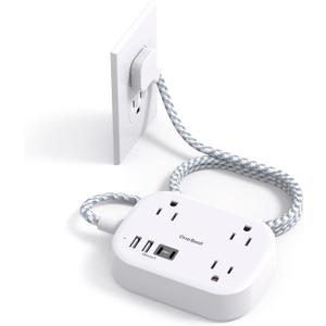 One Beat Cruise Ship Essentials,Travel Power Strip with USB C,Flat Plug Extension Cord with 3 Outlets 4 USB Ports(2 USB C),5 ft Desk Wall Outlet Extender,Non Surge Protector for Cruise,Dorm Room,ETL (White)