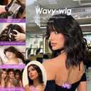 Black Bob Wig with Bangs Short Wavy Hair Wigs for Women Realistic Shoulder Length Style Synthetic Heat Resistant Wig for Everyday Hairstyle 16 Inch