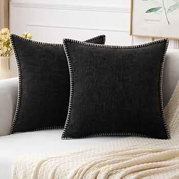 MIULEE Pack of 2 Couch Throw Pillow Covers 20x20 Inch Black Farmhouse Decorative Pillow Covers with Stitched Edge Soft Chenille Solid Dyed Spring Pillow Covers for Sofa Bed Living Room