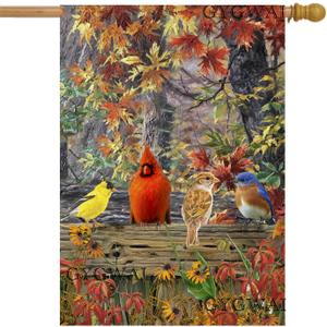 Fall Cardinal Birds House Flag 28x40 Inch Double Sided, Autumn Large Burlap Yard Flag for Outside Seasonal Thanksgiving Decoration