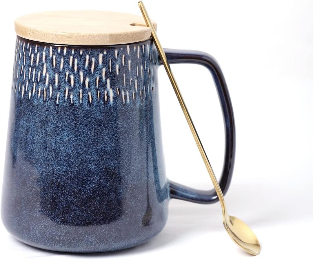 Large Ceramics Coffee Mugs,24 OZ,with Spoon and Wooden Lid,for Coffee,Tea,Large Handle Design,Microwave and Dishwasher Safe(Color:24 oz star blue set)