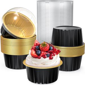40 Pack 5 OZ Mini Cake Pans with Lids, Disposable Aluminum Foil Ramekins Muffin Tin, Round Brownie Pudding Cupcake Baking Cups, Mini Cake Containers Flan Molds for Wedding Birthday Party