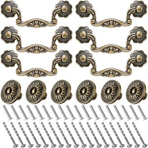 12 Pcs 3" Bail Handle Drop Pulls and 1.38" Vintage Flower Shape Cabinet Drawer Knobs Antique Bronze Cabinet Pull Handles with Screws for Drawer Dresser Closet Wardrobe (Floral Style)