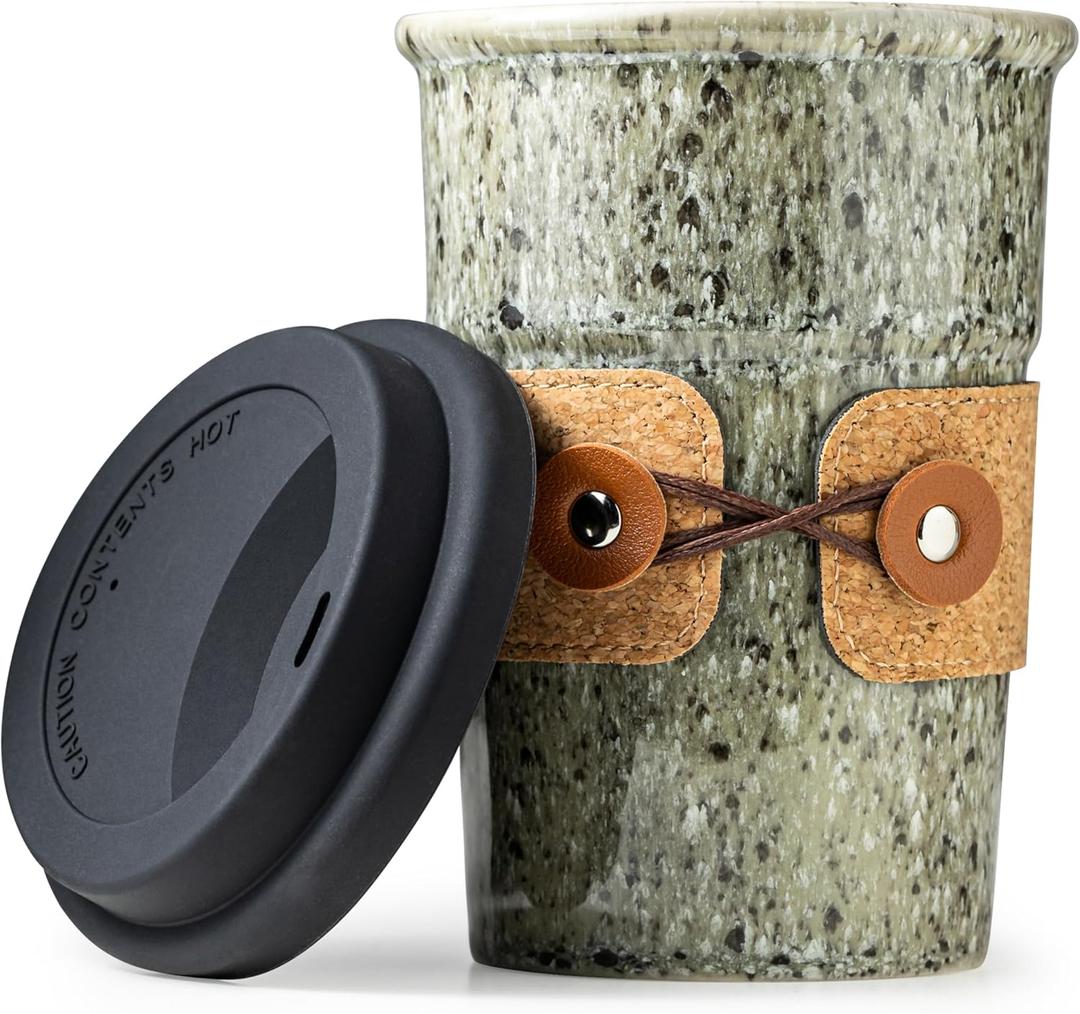 Coffee Travel Mug, Spill Proof Coffee Tumbler, Ceramic mug, Microwave & Dishwasher Safe, Large Porcelain Coffee Cup, Tea Mug with Lid, Decorative Latte Cup for Men, 16.5 oz (Gray with Black Dots)