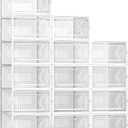 Kuject 15 Pack Shoe Storage Boxes, Large Clear Plastic Stackable Shoe Organizer for Closet, Connect Left and Right Shoe Boxes Case Container Bin for Entryway, Drop Front, Fit for Size 10(White)