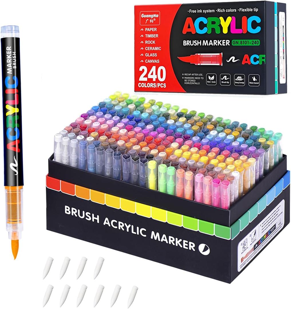 Guangna Acrylic Paint Markers, 240 Colors with Direct-Liquid Ink Control System, Professional-Grade Paint Pen for Rock Painting, Canvas, Glass, Plastic, Fabric & Creative Crafts