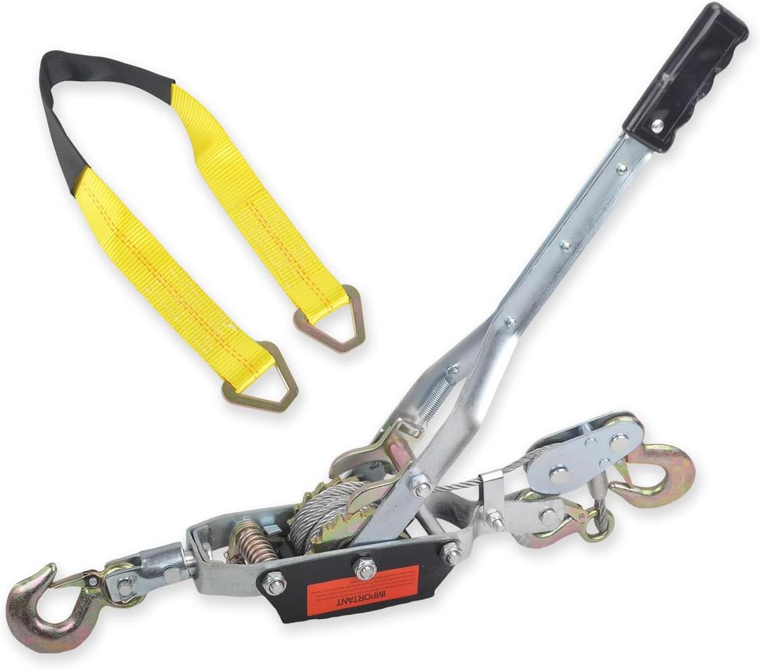 5 Ton Heavy Duty 3 Hook Steel Cable Dual Gear Power Puller Come Along Chain Winch Ratchet Tool & 2 x 36 Tie Down Strap with D Rings(3333 lbs)