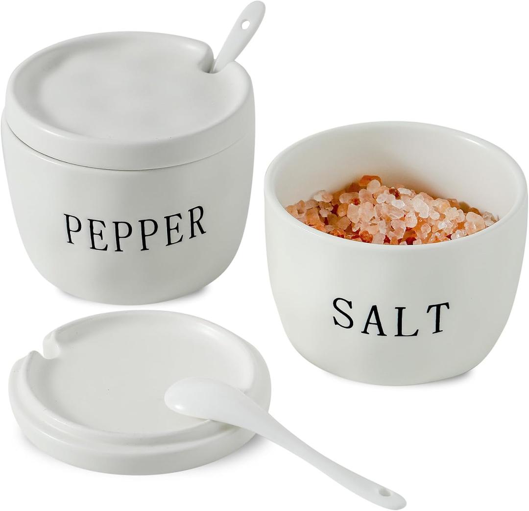2 Pack Salt and Pepper Bowls Set, Ceramic Salt and Pepper Containers with Lid and Spoon, White Salt Pepper Holder Set, Salt Box Dish with Lid Easy to clean