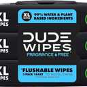 DUDE Wipes Unscented Flushable Wipes - Extra-Large Adult Wet Wipes for Sensitive Skin - 3 Pack (144 Count) - Infused with Vitamin E and Aloe - Septic and Sewer Safe