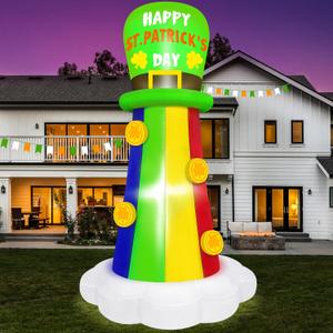 MICOCAH 6FT St Patricks Day Inflatables Outdoor Decorations Blow Up Shamrock Rainbow Hat with Gold Coins Yard Decorations Built-in LED Light for St. Patrick's Holiday Party Yard Garden Decor