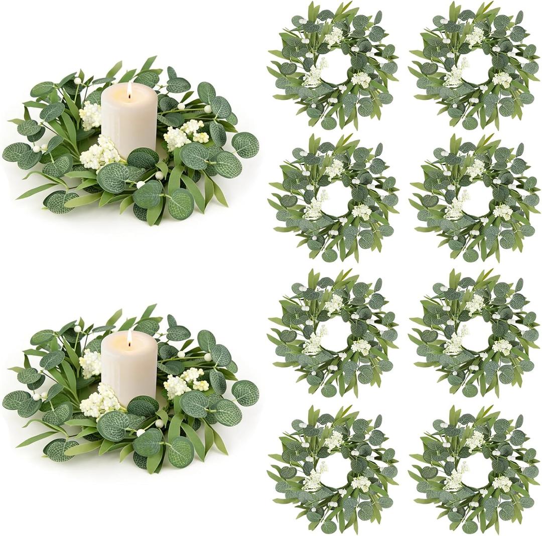 8 Pcs Green Artificial Eucalyptus Candle Rings Wreaths Mini Green Kitchen Cabinet Wreath Table Centerpieces Spring Summer with White Berry for Pillars Farmhouse Porch Front Door Wedding Decor