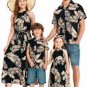 PATPAT Family Hawaiian Matching Outfits Mommy and Me Outfits Caribbean Vacation Summer Tropical Halter Sundresses and Shirts (Large, Black Palm Leaf)