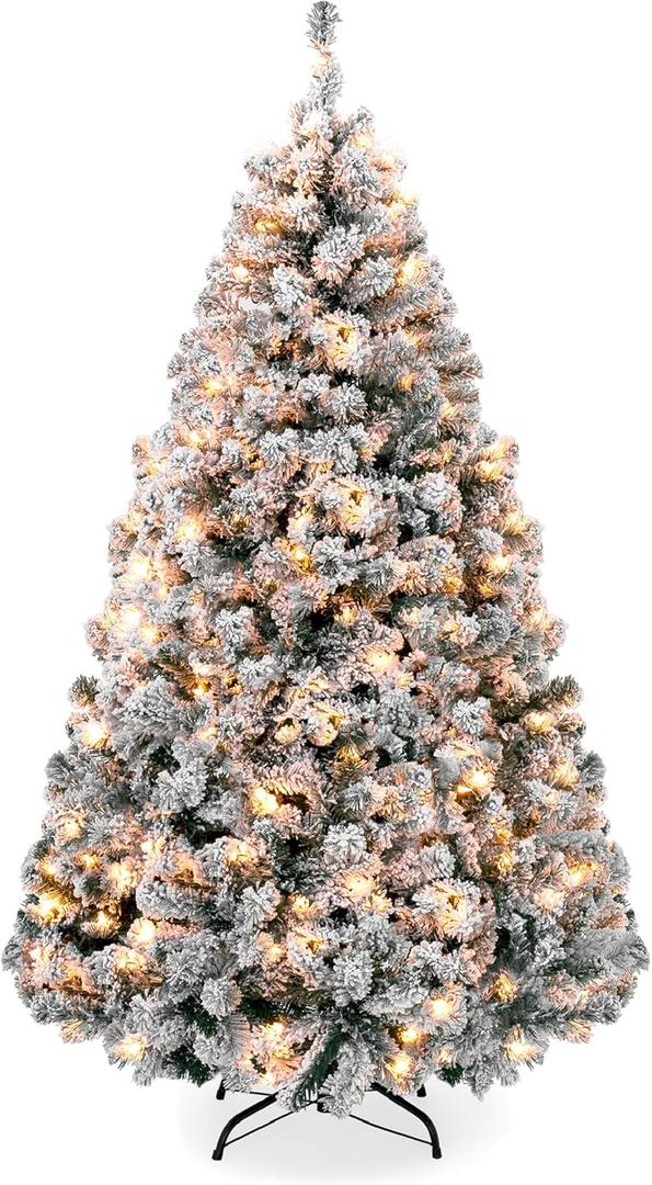 Best Choice Products Pre-Lit Artificial Christmas Tree, 7.5ft Snow Flocked Design Pine Tree, Full Appearance Snowy w/Easy Assembly, Metal Stand (Green)