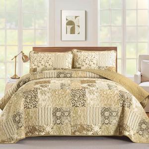 Drucon Quilt Set King Size, Yellow Brown Patchwork Pattern Summer Bedspread Bedding Set, 3 Pieces Soft Lightweight Plaid Coverlet with 2 Pillow Shams for All Season 104x90 Inch