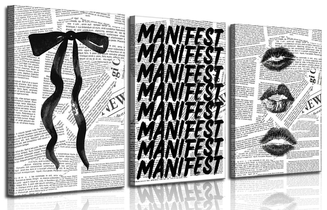 3Pcs Trendy Black and White Preppy Canvas Wall Art Retro Kiss Lips Bow and Manifest Pictures Wall Decor Funky Aesthetic Dark Coquette Posters Prints for Girly Apartment Dorm 16x24in